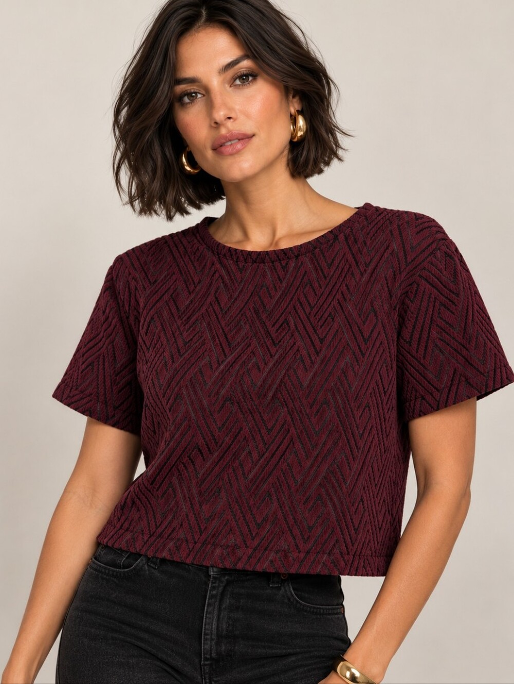 Mango Geometric Jacquard Boxy Crop Top Burgundy Black Size M